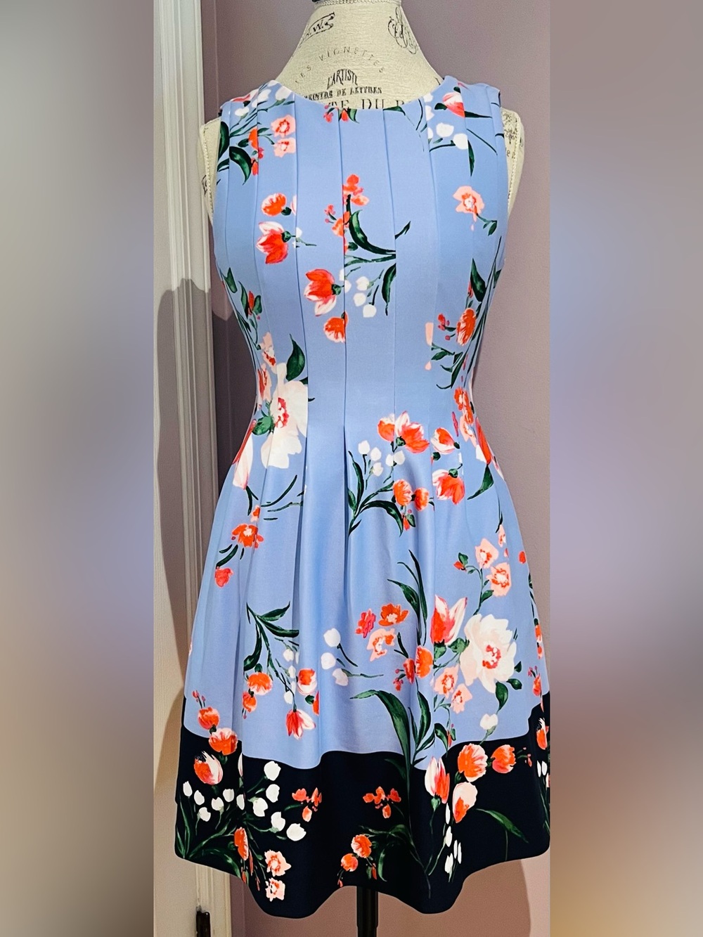 Vince Camuto Blue Floral Fit-and-Flare Dress with Orange & White Blooms